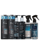 A imagem mostra uma variedade de produtos para cabelos da marca TRUSS. Há itens da linha Miracle, Uso Obrigatório, Frizz Zero, Hair Protector e Night SPA.