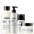 Kit com pré-shampoo, shampoo, máscara capilar e leave-in capilar Metal Detox, da marca L'Oréal Professionel