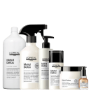 Kit com pré-shampoo, shampoo, máscara capilar, spray de tratamento, leave-in e óleo capilar Metal Detox, da marca L'Oréal Professionel