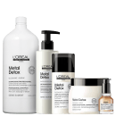 Kit com pré-shampoo, shampoo, máscara capilar, leave-in e óleo capilar Metal Detox, da marca L'Oréal Professionel