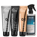 A imagem mostra quatro produtos de cuidados capilares da marca TRUSS. Três deles são tubos de 100ml contendo shampoo, máscara lipídica e máscara de proteína. O quarto produto é identificado como "Hair Reconstructor" (Reconstrutor Capilar).