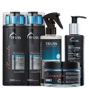 A imagem mostra uma variedade de produtos de cuidados capilares da marca TRUSS.