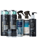 A imagem mostra uma variedade de produtos de cuidados capilares da marca TRUSS. Há itens da linha Equilibrium, Specific Mask, Frizz Zero, Night SPA e Uso Obrigatório.