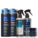 A imagem mostra uma linha de produtos para cabelos frizzy e volumosos da marca TRUSS. Há itens da linha Frizz Zero, Uso Obrigatório e Specific Mask.