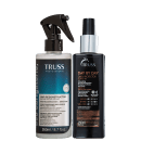 A imagem mostra dois produtos de cuidados capilares da marca TRUSS. Um é um frasco plástico, o Uso Obrigatório, spray reconstrutor. O outro é um frasco plástico preto com um rótulo laranja e preto, descrito como "Day by Day Daily Protector Leave-In".