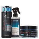 A imagem mostra três produtos de cuidados capilares da marca TRUSS. Um shampoo Miracle, uma máscara capilar Miracle e um Uso Obrigatório.