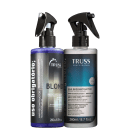 Um frasco spray de plástico preto com detalhes roxos, contendo um produto chamado "Blond". O outro é um frasco de plástico preto com um spray acionado por gatilho, contendo um "Hair Reconstructor".