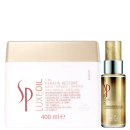Produtos de tratamento capilar SP System Professional. Um frasco dourado de elixir reconstrutivo para proteção da queratina, com rótulo "Luxe Oil". Uma máscara reconstrutora de queratina em embalagem retangular branca, com detalhes em marrom.