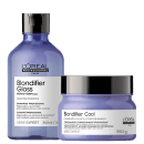 A imagem mostra dois produtos da linha L'Oréal Professionnel Blondifier.  Ambos os produtos são da série Expert e destinados a cabelos louros ou com mechas.