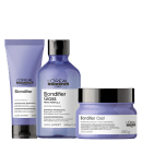 A imagem mostra três produtos da linha Blondifier da L'Oréal Professionnel para cabelos loiros ou com mechas.