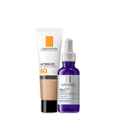 A imagem mostra um protetor solar facial com cor com embalagem tipo bisnaga, ao lado de um frasco de sérum facial com azul, rótulo cinza e conta-gotas branco.