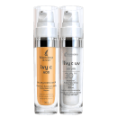 A imagem mostra dois frascos cilíndricos transparentes com tampa também transparente, sendo um rótulo laranja e outro branco.