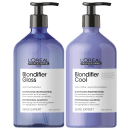 Dois frascos de shampoo profissional da linha Serie Expert da L'Oréal Professionnel Paris. Os frascos são transparentes e têm um design cilíndrico com bombas dosadoras pretas na parte superior.