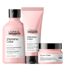 A imagem mostra três produtos da linha Vitamino Color da L'Oréal Professionnel, destinados a cabelos coloridos.