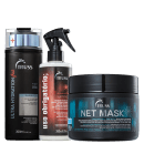 A imagem mostra o kit de TRUSS com o shampoo, o frasco em spray do uso obrigatório miracle summer e o pote redondo da máscara net mask.