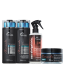 A imagem mostra um kit capilar de TRUSS, sendo um shampoo e um condicionador da linha Miracle, um frasco de uso obrigatório miracle summer e um pote da máscara miracle.