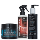 Um frasco com bomba spray contém um sérum noturno para hidratação, reconstrução e anti-envelhecimento. Um frasco com bomba spray é um protetor líquido contra danos causados pelo sol, mar e piscina no verão. Um pote contém uma máscara capilar regeneradora.