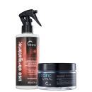 Produto de cuidado capilar da marca TRUSS. Um frasco spray vermelho de 260ml com o nome "Uso obrigatório Miracle Summer". Um pote preto com a inscrição "Specific Mask" de 180g.