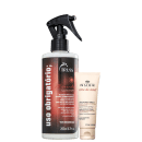 A imagem mostra um spray de 260ml de cabelo da marca Truss, na versão "Miracle Summer", com proteção máxima contra danos causados pelo sol, mar e piscina. Ao lado, há um creme para mãos e unhas da marca Nuxe, na versão "Rêve de Miel" com 50ml.