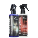 Dois frascos de spray de produtos para cabelos da marca Truss. Um frasco é roxo e contém um produto chamado "Blond", descrito como restaurador imediato para cabelos loiros. O outro frasco é vermelho e contém um produto chamado "Miracle Summer".