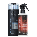 A imagem mostra dois produtos de cuidados capilares da marca TRUSS. Um é um shampoo para cabelos danificados e secos chamado "Ultra Hydration" de 300ml. O outro é um tratamento reconstrutor de 260ml.