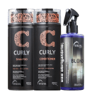 A imagem mostra um shampoo e um condicionador da linha Curly de TRUSS e ao lado um frasco cilíndrico em spray do tratamento uso obrigatório blond.