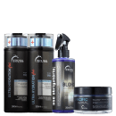 A imagem mostra um kit de cabelos da marca TRUSS. Um shampoo e condicionador da linha Ultra Hydration Plus, o frasco em spray do Uso Obrigatório Blond e um pote redondo da máscara capilar specific.
