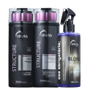 A imagem mostra um kit de produtos da marca TRUSS. Um shampoo e condicionador com frascos retangulares pretos e detalhes em roxo. Ao lado um frasco em spray do uso obrigatório blond.