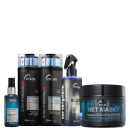 A imagem mostra um kit de TRUSS, contendo um shampoo e condicionador da linha Ultra Hydration Plus, um frasco de óleo capilar, um frasco do Uso Obrigatório Blond e um pote de máscara capilar net mask.