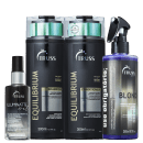 A imagem mostra um kit de TRUSS, sendo um óleo capilar Illuminate Oil, um shampoo e condicionador da linha Equilibrium e um frasco do Uso Obrigatório Blond.