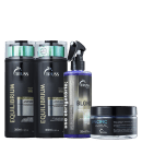 A imagem mostra o kit de cabelos de TRUSS, sendo: um shampoo e condicionador da linha Equilibrium, um frasco em spray do Uso Obrigatório Blond e um pote redondo da máscara Specific.