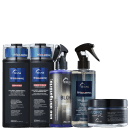 5 produtos de cabelo da marca TRUSS dispostos lado a lado. Cores predominantes são azul e preto.