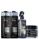 A imagem mostra uma linha de produtos para cabelos da marca TRUSS: shampoo e condicionador Ultra Hydration Plus, Uso Obrigatório Blond e Miracle Mask.