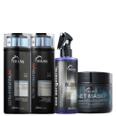 A imagem mostra quatro produtos de cuidados capilares da marca TRUSS: shampoo e condicionador Ultra Hydration Plus, Uso Obrigatório Blond e Net Mask.