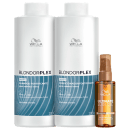 Kit Wella Professionals com shampoo e condicionador BlondorPlex  de 1 litro cada e óleo de 100ml da linha Ultimate Luxe Oil