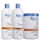 Kit com shampoo, condicionador e máscara capilar Real Rigen, da marca Alfaparf Milano.