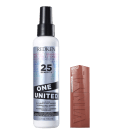 Kit com o tratamento capilar Redken One United e batom líquido Maybelline Superstay Vinyl Ink.