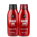 Dois frascos vermelhos da linha Mise en Scène Professional Damage Care, contendo shampoo e condicionador. Os rótulos indicam que são produtos para cuidados com cabelos danificados.