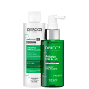 Dois produtos da marca Vichy Dercos: um frasco de shampoo anticaspa para cabelos secos de 125g, e um frasco de serum anticaspa de 100ml