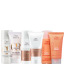 Produtos da marca Wella Professionals, incluindo shampoo, condicionador e máscara das linhas Invigo Nutri-Enrich, Fusion e Oil Reflections