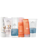 Produtos da marca Wella Professionals, incluindo shampoo e máscara das linhas BlondorPlex, Oil Reflections e Invigo Nutri-Enrich, com volumes de 30 e 50ml