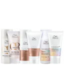 Produtos da marca Wella Professionals, incluindo shampoo, condicionador e máscara das linhas Color Motion, Fusion e Oil Reflections, com volume de 30ml e 50ml