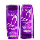 Dois frascos de produtos Elseve da L'Oréal Paris, com embalagens roxas e detalhes dourados. O primeiro é um shampoo Collagen Lifter e o segundo é um condicionador Collagen Lifter, ambos com 200 ml.