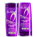 Dois frascos de shampoo e condicionador da linha Elseve Collagen Lifter da L'Oréal Paris, com embalagens roxas e detalhes em dourado, indicando o tratamento de colágeno para cabelos afinados e sem volume.