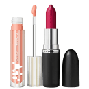 Kit M·A·C MACximal Satin Maraschino, Much? + Lipglass Airshine Behaved, 2 produtos.