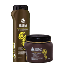 Shampoo premium e hidratação intensiva da marca Sillage, em embalagens de plástico preto e dourado, com rótulos destacando ingredientes como mandioca, biotina e D-pantenol.