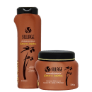 Dois produtos da marca Sillage: um frasco de shampoo premium de 300ml com rótulo laranja e preto, e um pote de hidratação intensiva de 300g com rótulo laranja e preto, ambos com ingredientes de coco e jojoba.