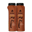 Dois frascos de shampoo e condicionador da marca Sillage, com embalagem de plástico marrom e rótulos com os dizeres "Coco e Jojoba". Os produtos apresentam hidratação máxima com óleo de coco, jojoba e D-pantenol.