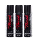 Três frascos de desodorante aerossol da marca Fiorucci, com embalagem preta e vermelha, exibindo o nome da marca em destaque. Os frascos possuem 170 ml de conteúdo líquido.