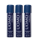 Três frascos de desodorante aerossol da marca Fiorucci, com embalagem azul escura e branca, contendo 170 ml cada. O rótulo apresenta o nome da marca em destaque.